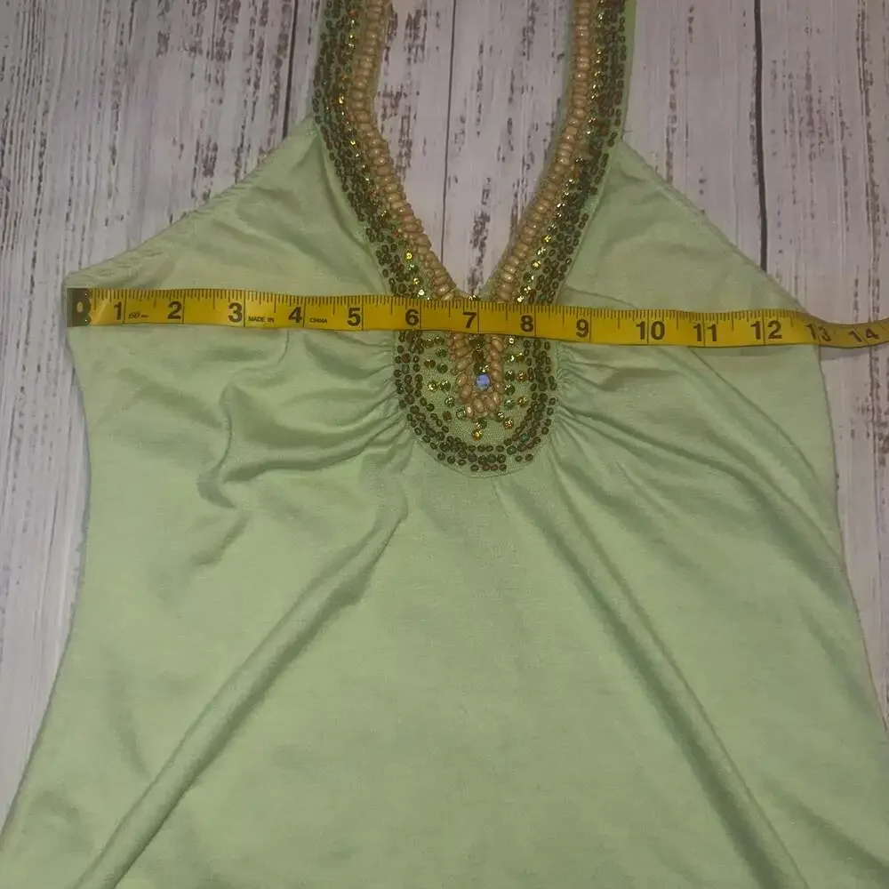 LIPSTICK Y2K Vintage Lime Green Fairy Flowy Beaded Halter Top-S - Picture 3 of 7